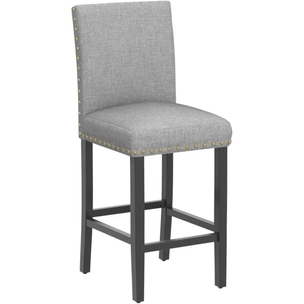 Zestaw 4 stołków barowych o wysokości 60 cm, stołki barowe z oparciem, stołki barowe z ozdobnymi ćwiekami i drewnianymi nogami, tapicerowane.