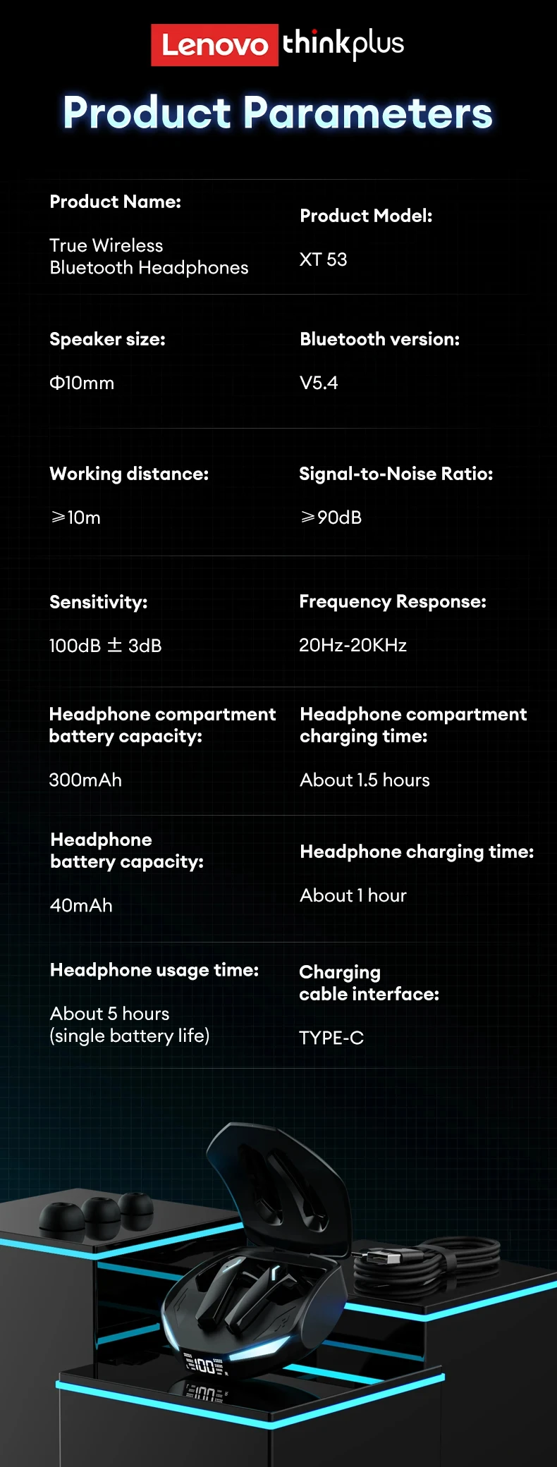 Choice Lenovo XT53 Upgrade Bluetooth 5.4 Earphone Low Latency Wireless Gaming Earbuds LED Display Waterproof Headphones with Mic