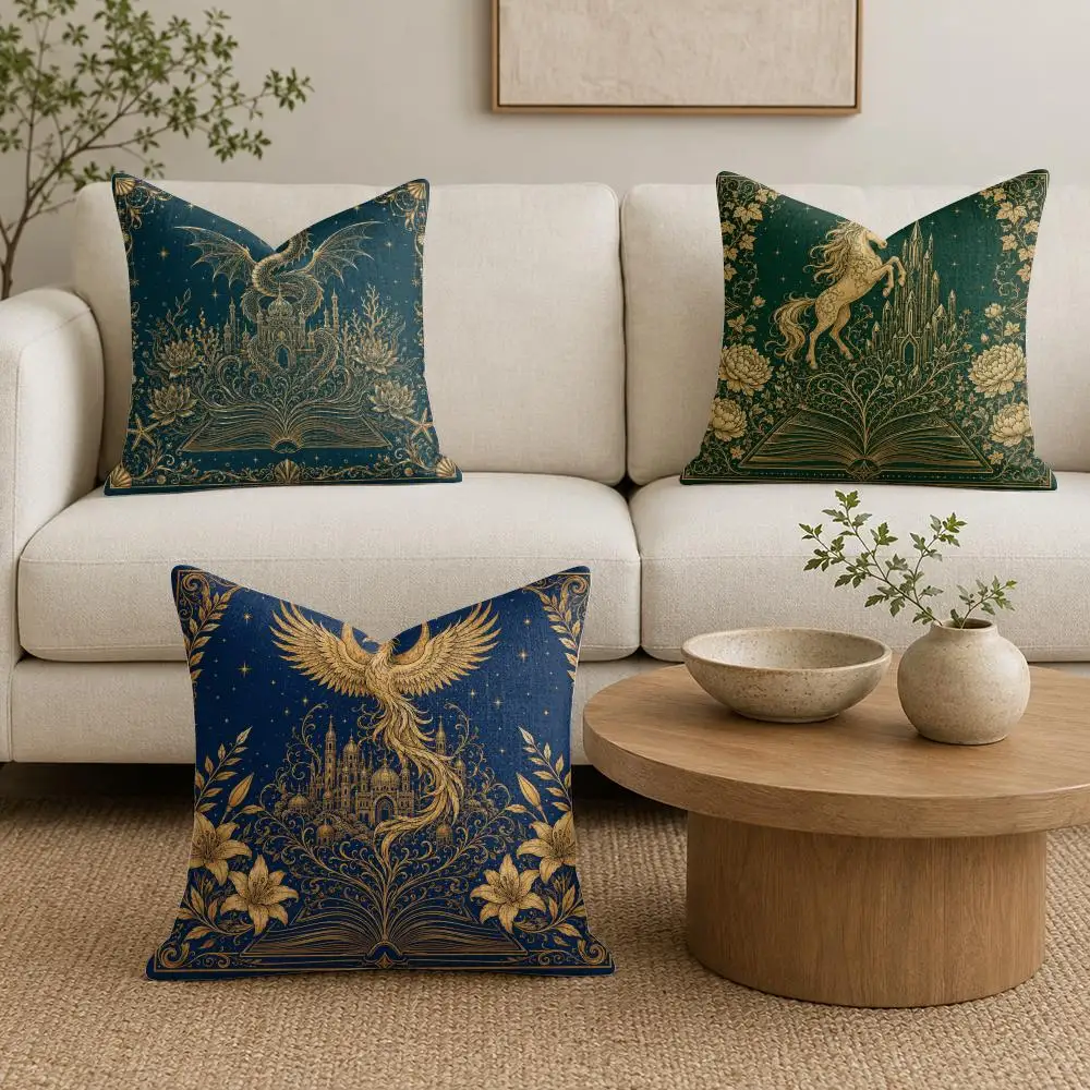 Golden Fantasy Tale Cushion Cover Summer Linen Pillow Case Organic Fabric Cushion Cover Double-Sided Print Sofa Home Decor
