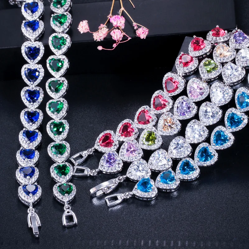 Pera 6 Colors Options Multicolor CZ Crystal Love Heart Shape Chain Link Bracelets for Women Engagement Jewelry Gift B068