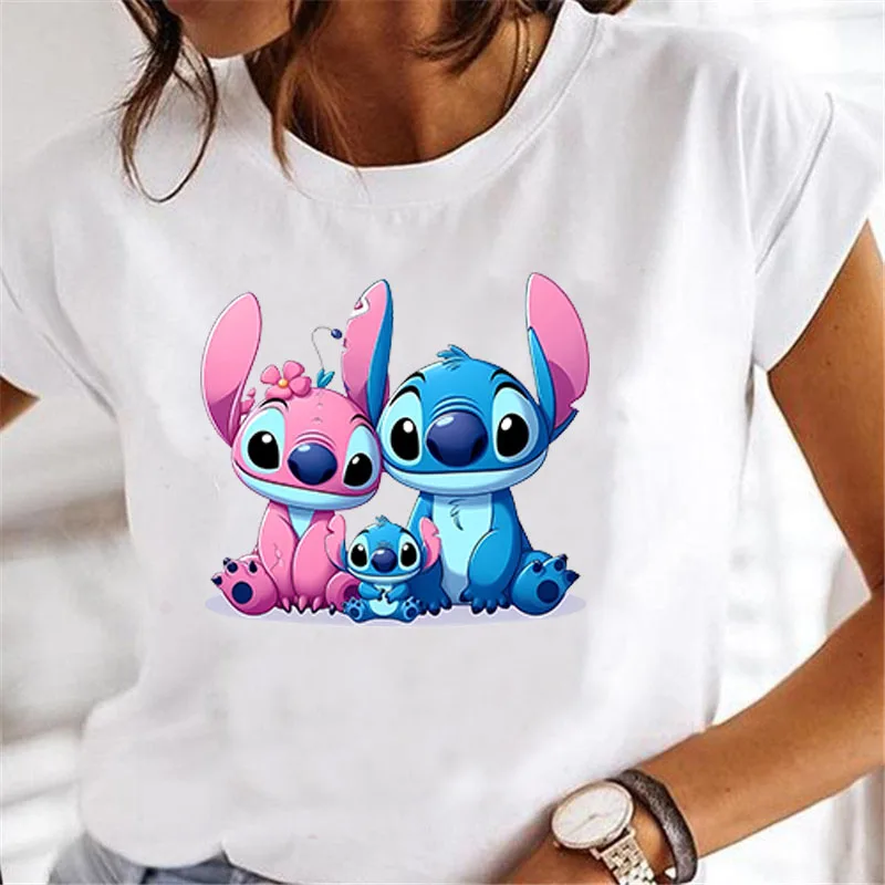 Disney-Camiseta gráfica feminina Lilo & Stitch de manga curta, camiseta feminina casual, roupas femininas, estampa Y2K, verão, novo