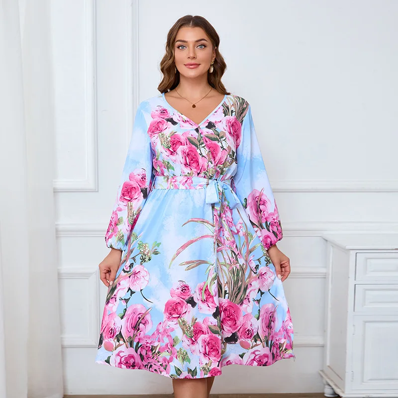 

Large size women's temperament dress v-neck long-sleeved printed medium and long dress fashionable simple and elegant temperamen