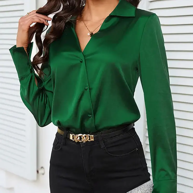 New Green Ladies Satin Shirt Cross V-neck Top Women\'s Shirt Sleeves Open Button Shirt Sleeves Elegant 2024 Autumn Women\'s Blouse