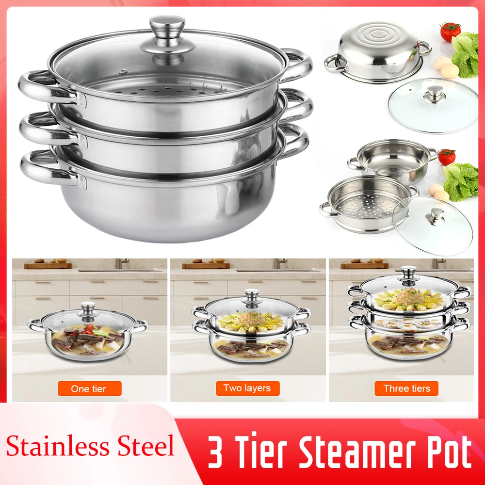 

Кухонная пароварка, 3-х уровневая кастрюля с крышкой, пароварка из нержавеющей стали для приготовления пищи, овощных клецок, соуса, еды