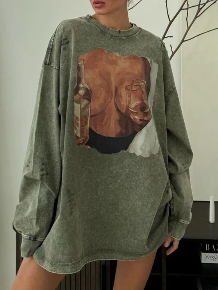 

T-shirt for Women - High Street Long Sleeve Distressed Shirt - Fashionable Loose Fit Top - Women's Popular T Shirts