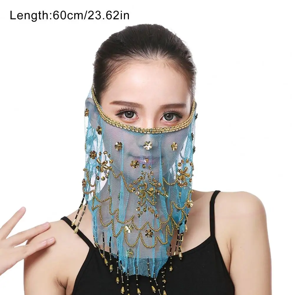 حجاب الأداء زهرة الترتر الخرز ديكور شفاف الدانتيل الرقص الشرقي القبلية الوجه الحجاب حزام قابل للتعديل الرقص الهندي 2027 #6