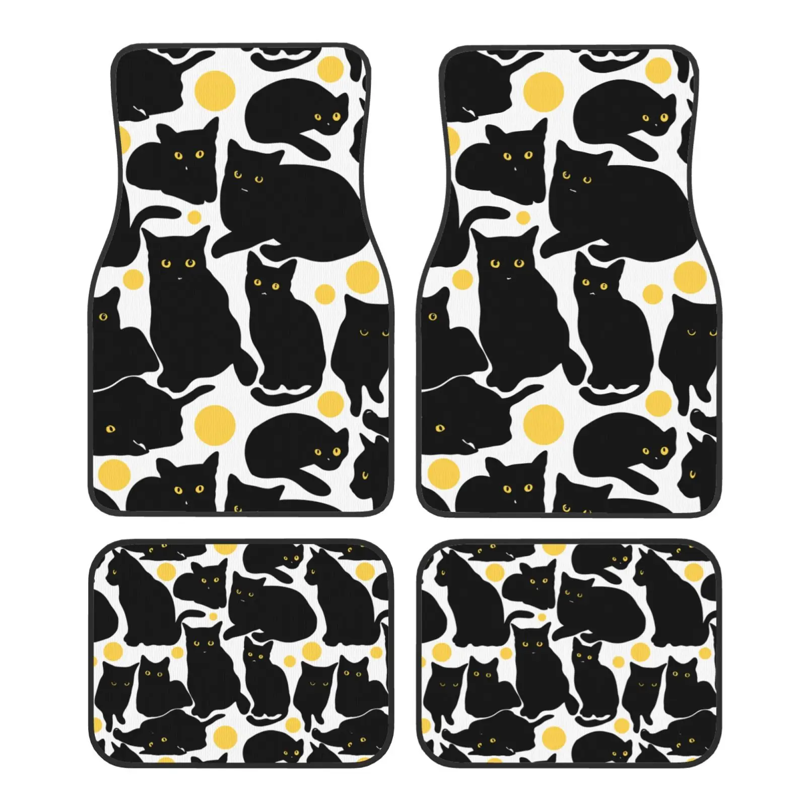 Interesting Black Cat Pattern 4pcs Car Floor Mats Set of 4pcs Non-Slip Absorbent Polyester Foot Mats Auto Interior Accessories