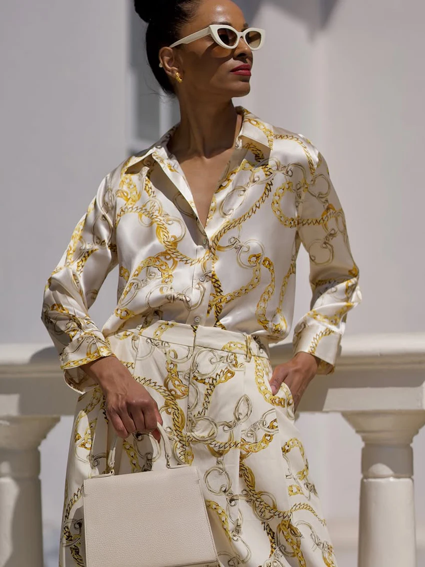 Marthaqiqi Winter Ladies Nightgowns Suit Long Sleeve Pajamas Sexy Turn-Down Collar Sleepwear Pants Printing Female Nightwear Set