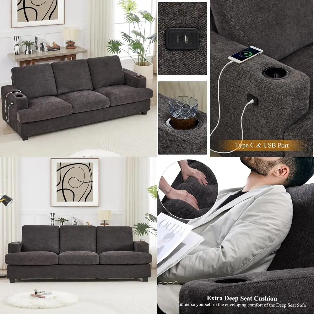 

Modern 3-Seater Deep Seating Sofa with USB Ports and Cup Holders, Chenille Fabric