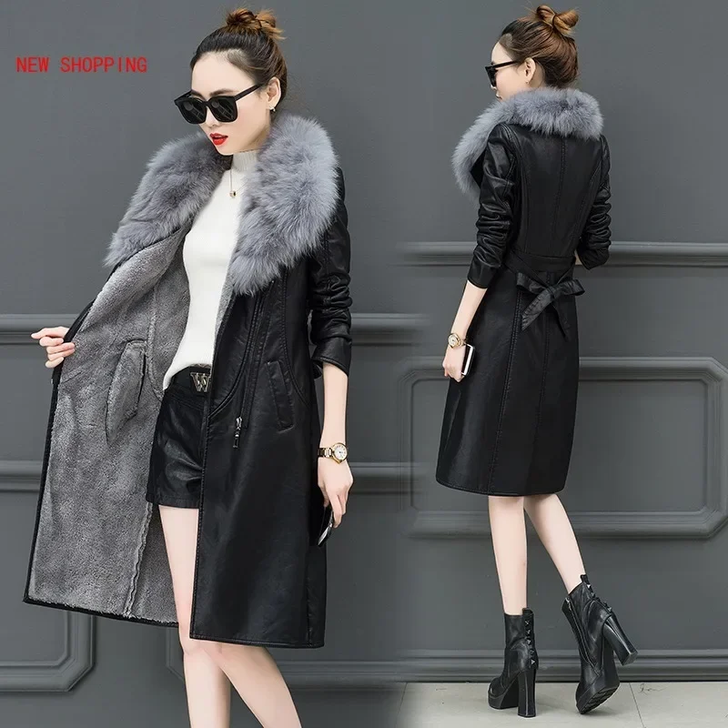 Winter PU Leather Faux Fur Women Long Coat Belt Casual Plus Size 5XL Slim Coat Black Faux Fur Collar Jacket Coat Warm Velvet