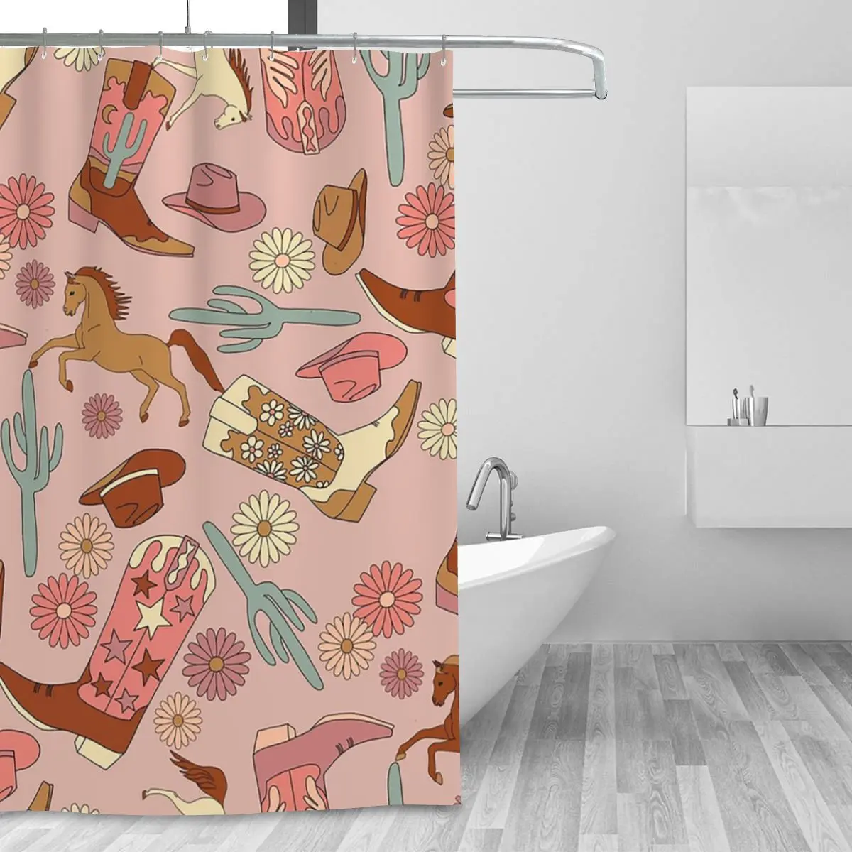 Western Cowgirl Cute Boho Neutral Pattern Shower Curtain Bathroom Polyester Waterproof Bath Curtains with Hooks