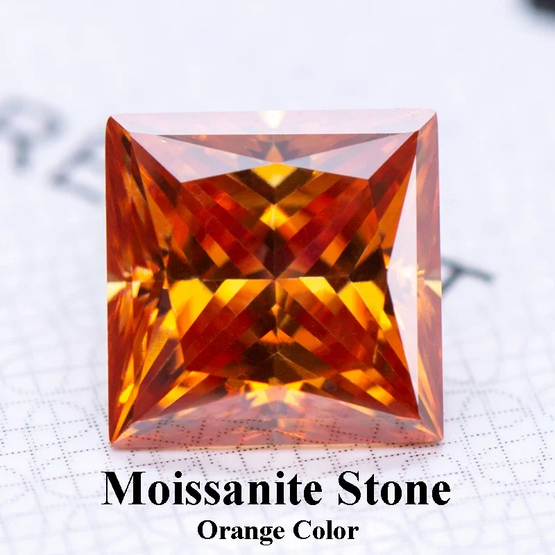 

Moissanite Stone Princess Cut Orange Color Gemstone Lab Grown Diamond for Advanced Jewel Making with GRA Certificate