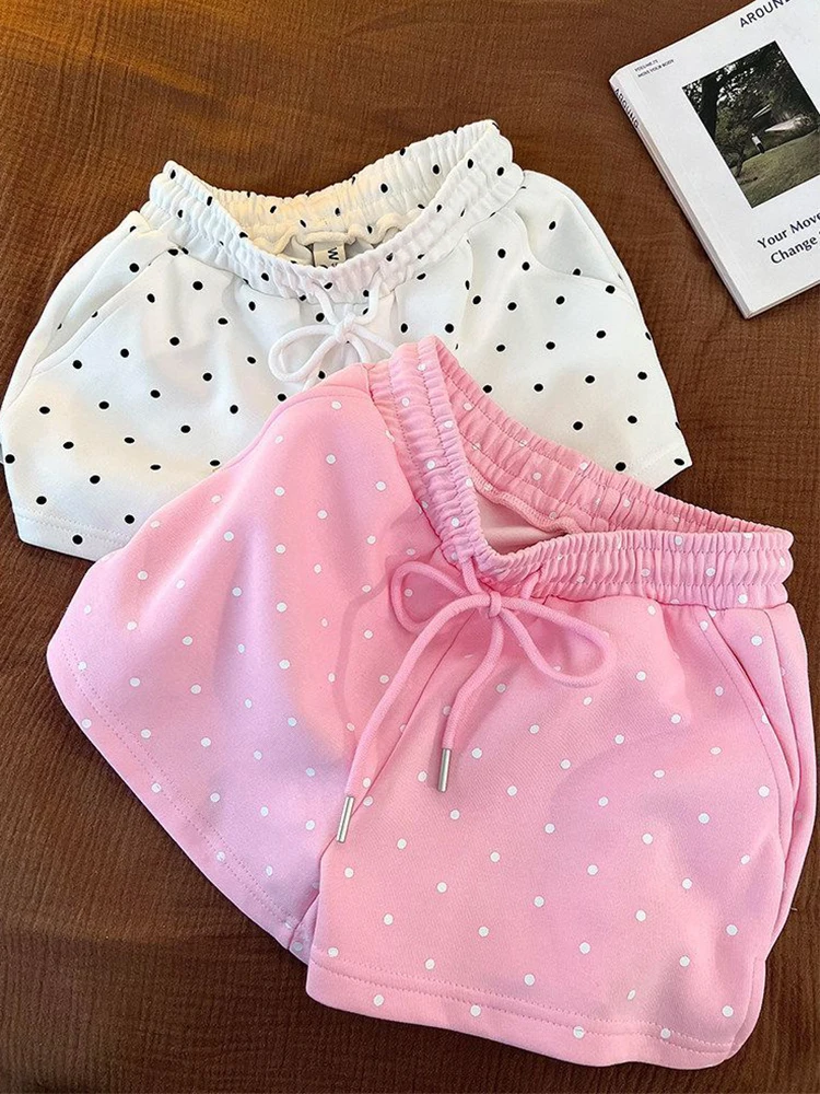 Summer Dot Sweet Shorts Women Loose Fashion Preppy Style Cute Shorts Casual High Waist Lace Up Chic Female Pockets Kawaii Shorts