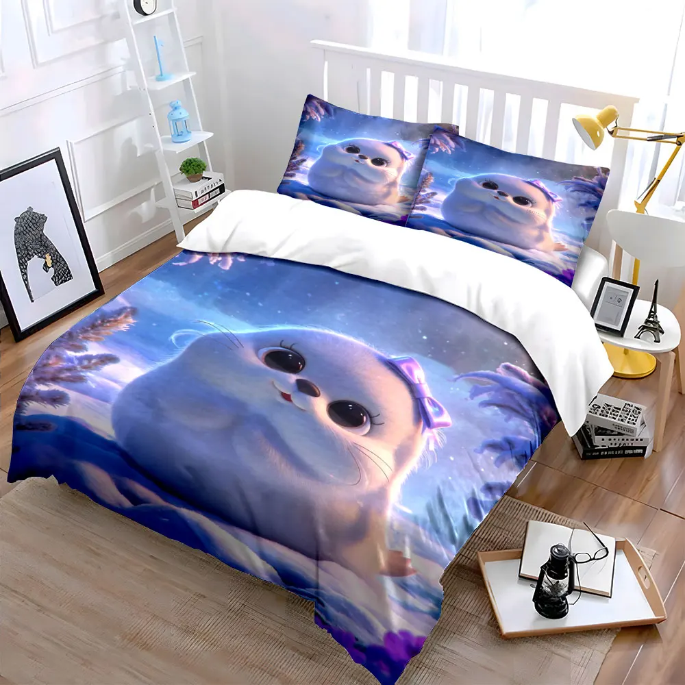 Adorable baby seal smiling in snow Bedding Set for Kids Luxury Gift 3pcs Digital Print Comforter Set Soft Comfortable