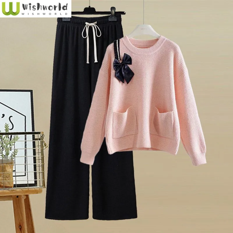 

Korean Popular Bow Pocket Decoration Knitted Sweater Pullover Casual Wide Leg Pants Two-piece Elegant Women's Pants Set Outfit