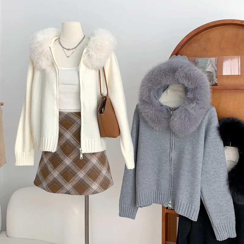 []Autumn Winter Hooded Short Meilad Small, Environmentally Friendly Big Fur Collar Top With Zipper Knit Cardigan