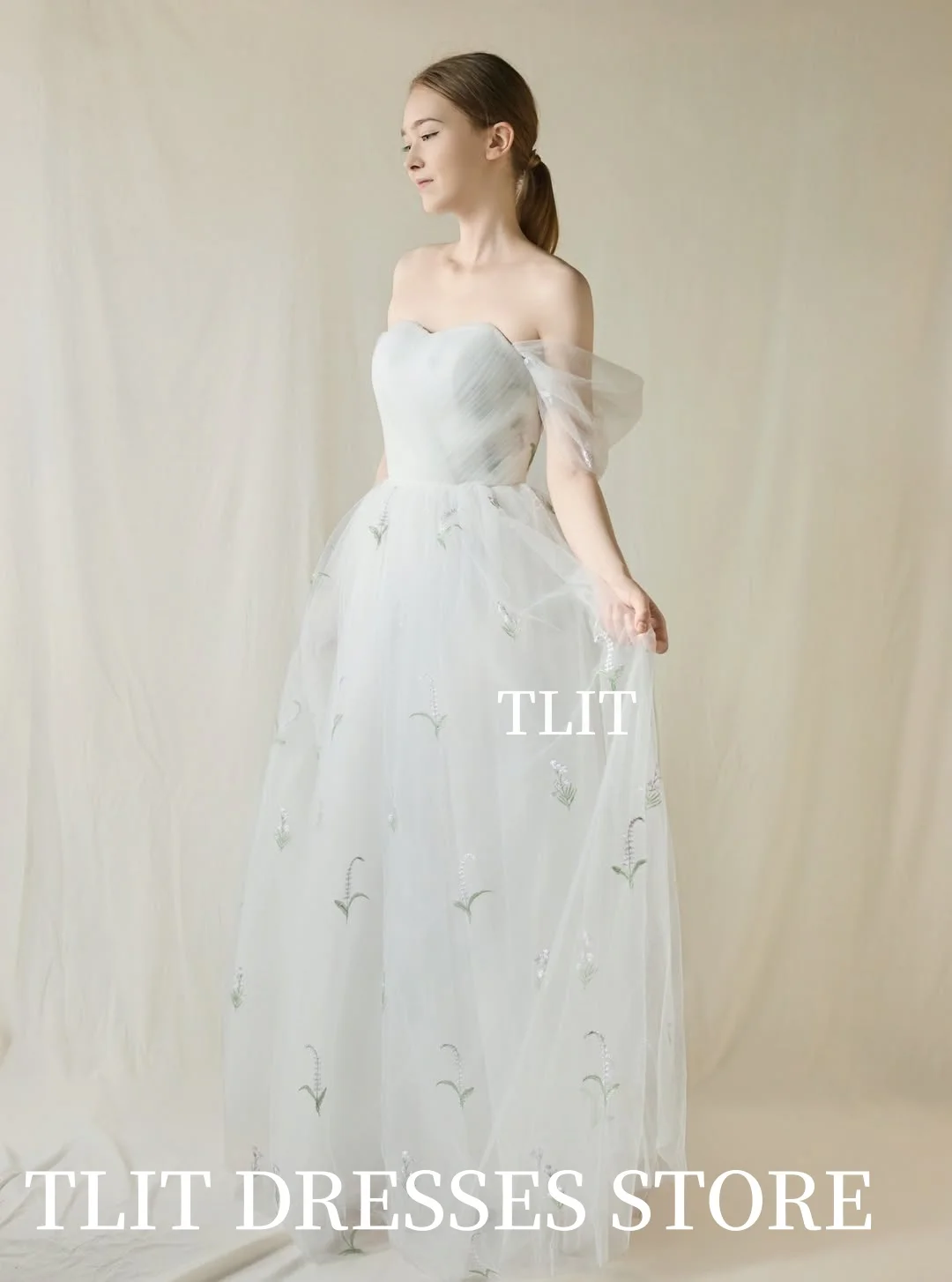 ชุดแต่งงานทรงเอไลน์ผ้าทูลล์เรียบง่าย TLIT ปักลายตามสั่ง ชุดเจ้าสาวเปิดไหล่ สไตล์เกาหลี สำหรับถ่ายภาพชุดแต่งงาน