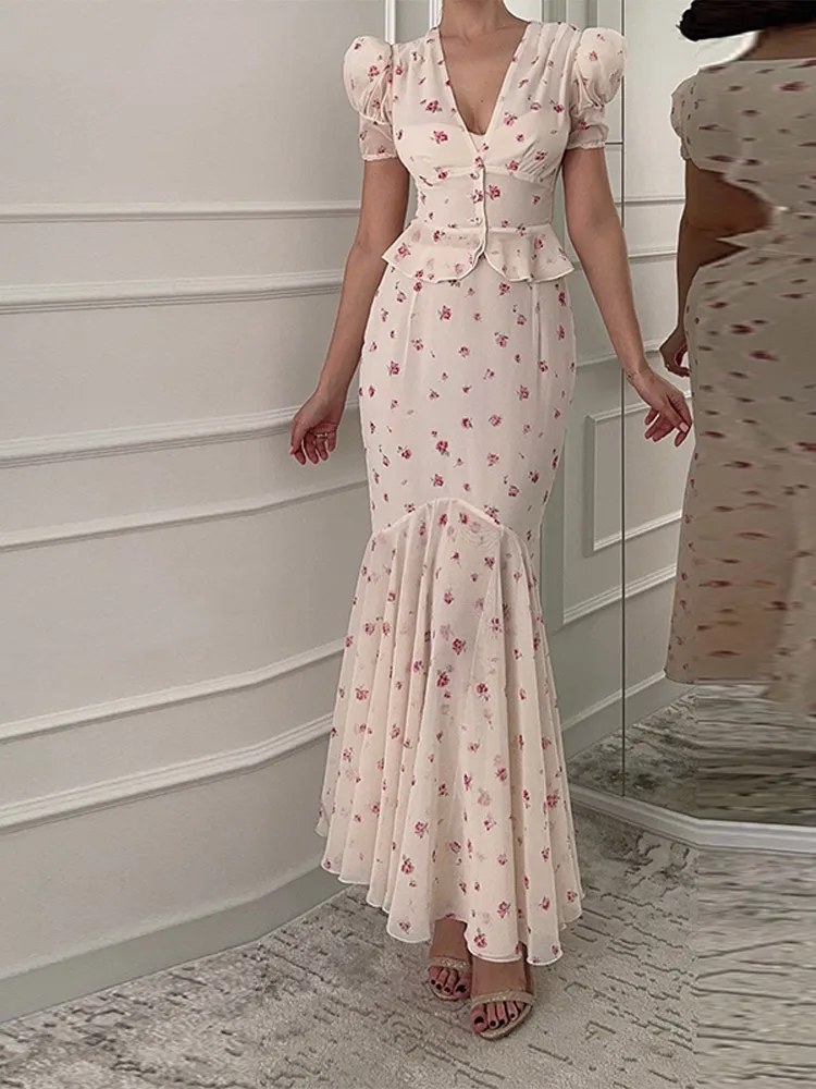 

Retro Printed V-neck Shirt Slim Skirt Set Lady Elegant Ruffles Slim Shirt Pleated Long Skirts Sets Female 2025 Chic Party Outfit