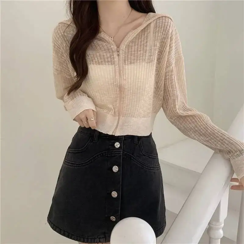 

Lucyever яркий цвет солнцезащитный вязаный кардиган женский летний тонкий прозрачный рубашки с капюшоном на молнии женская верхняя одежда укороченные топы