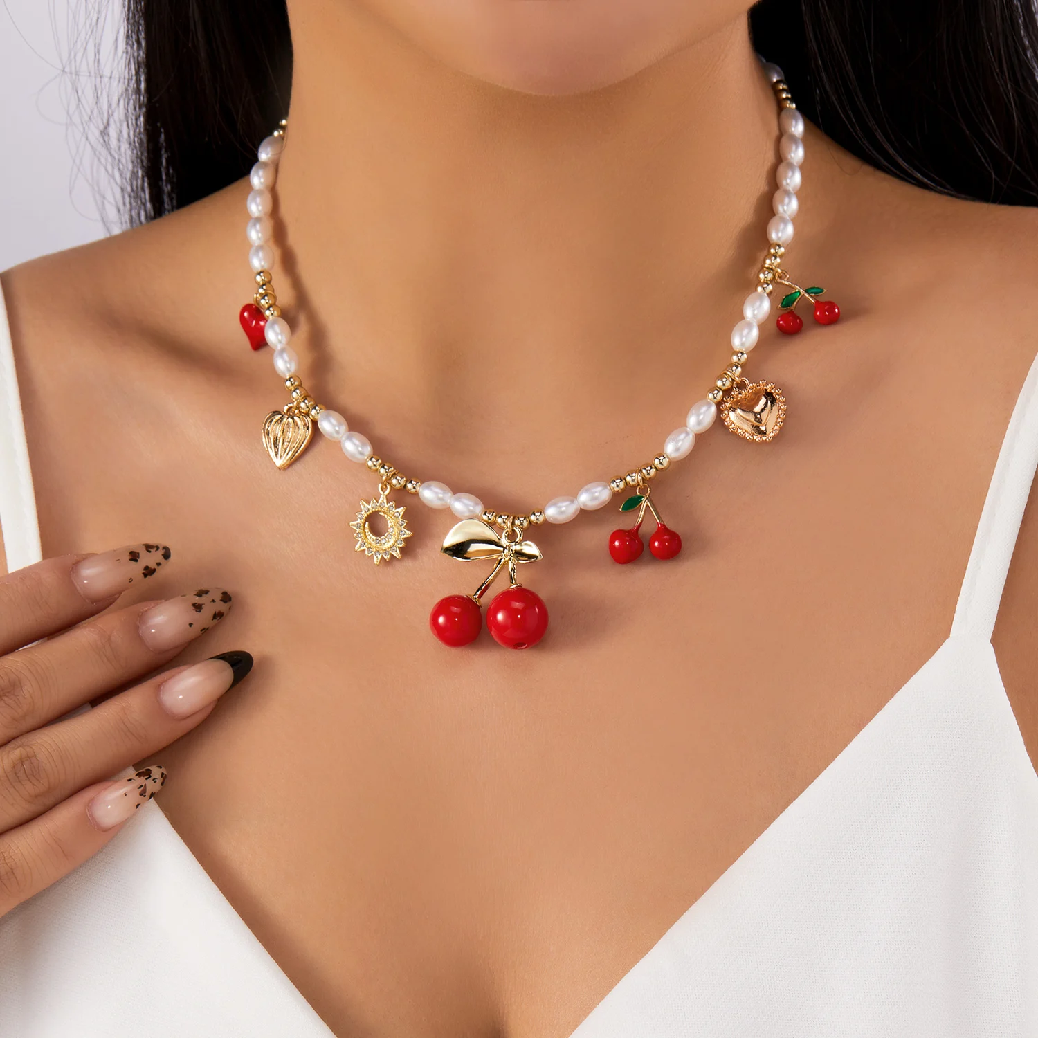 Dainty Sweet Fruit Cherry Heart Charms Pendant Necklace For Women Elegant Imitation Pearl Choker Neck Chain Jewelry Party Gift
