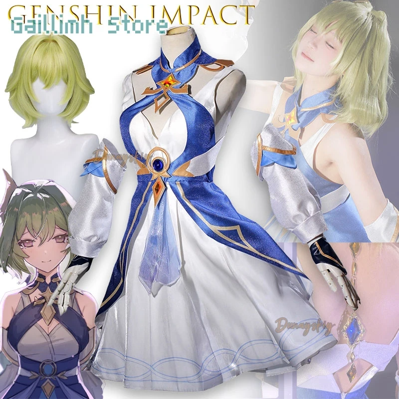 

Костюм для косплея Genshin Impact Толиндис, полный комплект, сексуальное синее платье для ролевых игр, праздничный костюм для косплея, полный комплект с париком Лайлы, милый костюм