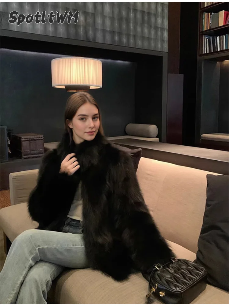 Women Faux Fox Fur Long Sleeve Coat Lapel Collar Fluffy Thick Warm Short Mid Coats 2026 Lady Fall Winter Elegant Casual Outwears