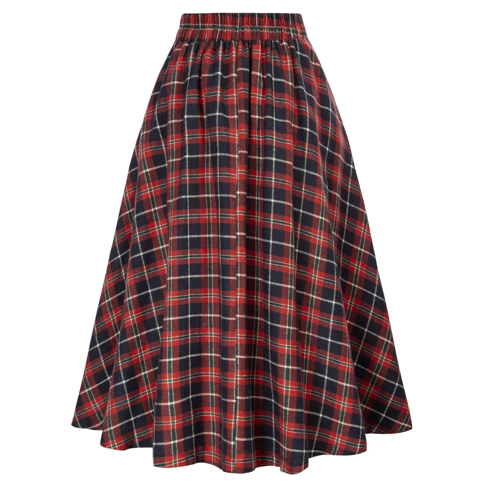 Belle Poque Women Plaid Skirt Elastic High Waist Buttons Decorated A-Line Skirts Knee Length Pleated Midi Skirt With Pockets A30