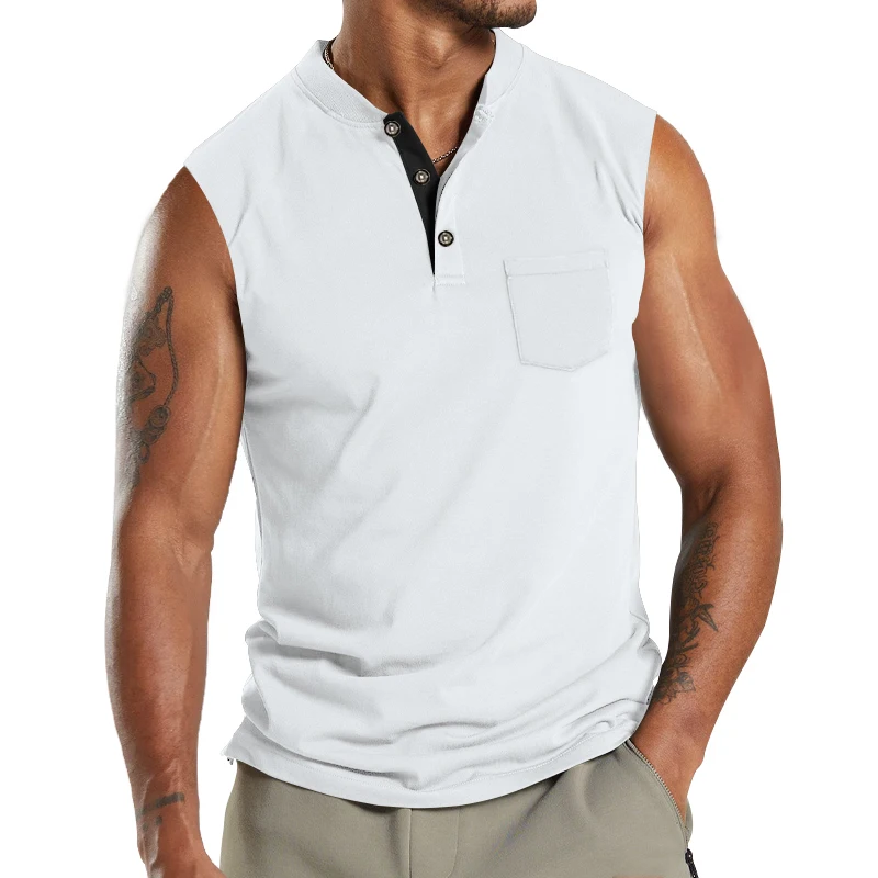 2024 Summer New Men\'s Leisure Foreign Trade Large Size Short Sleeve Button Pocket Sleeveless T-shirt