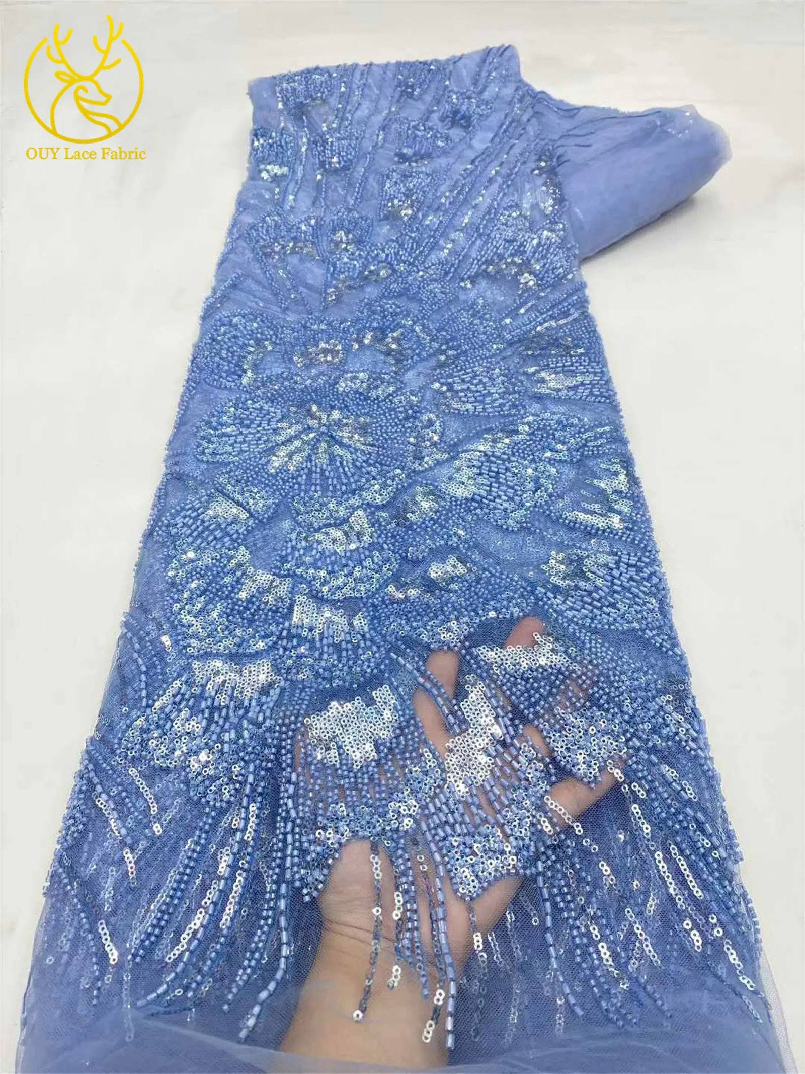 Luxuriöser Afrikanischer Pailletten-Perlen-Spitzenstoff 5 Yards Französischer Nigerianischer Tüll-Spitzenstoff Geeignet für Hochzeiten und Näharbeiten – Detail 10