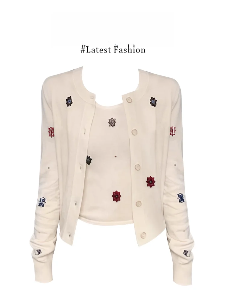 

Korean Style Embroidered Sweater Cardigan Women's Slim Fit Inner Vest Two-Piece Winter Top City Walk Long Sleeve round Neck