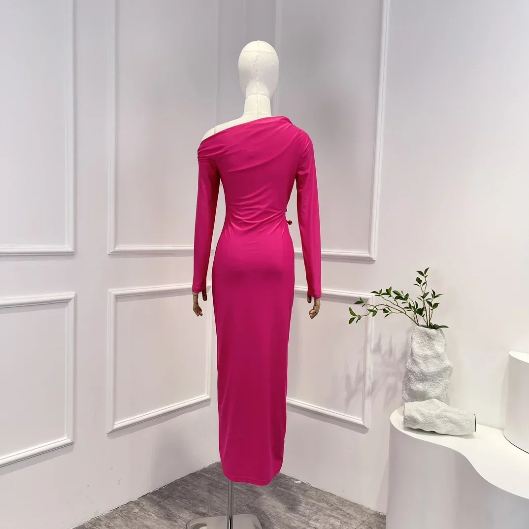 Vestido longo vermelho rosa feminino, elegante recortado, cintura de um ombro, manga cheia, monocromático, nova coleção para férias, 2023