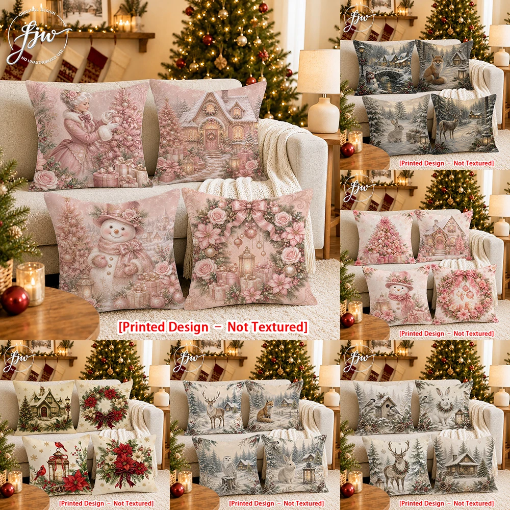 [Printed Design – Not Textured]-4pcs # Christmas Vintage Throw Pillow Covers New Year party decoration cushion Cover