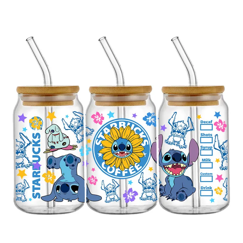 Disney Lilo＆Stitch Family 16OZ UV DTF Cup Wraps Transfer Sticker For Glass Libbey Can Bottle Selfadhesive Washable DIY Custom