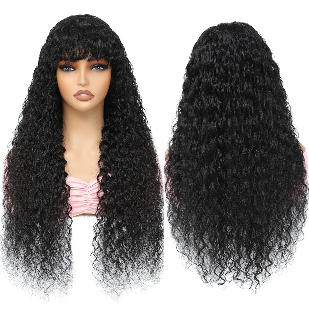 Water Curly Wig With Bangs Remy Brazilian Hair Full Machine Made Wigs Natural Color 16-24 Inch Curly Fringe Human Hair Wig