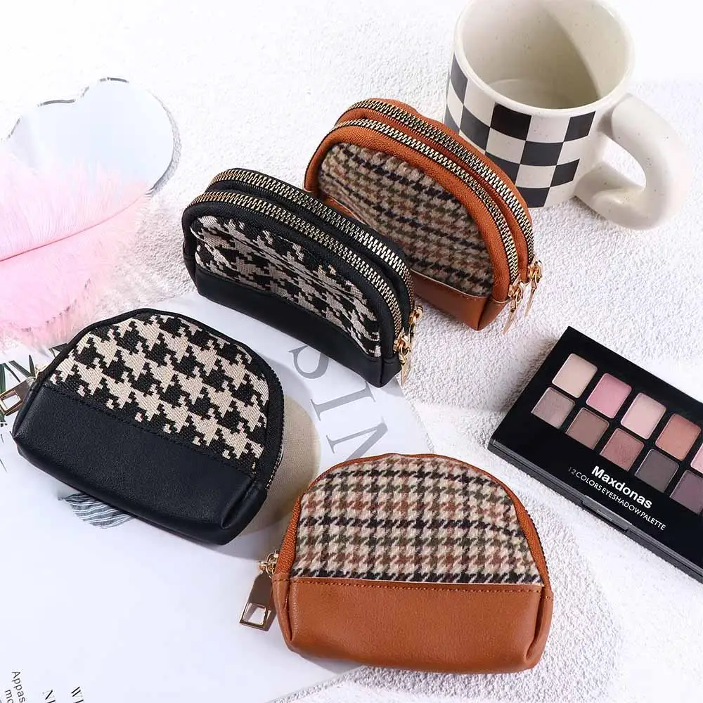 

Small Trendy with Key Chain Mini Double Layers Zipper Houndstooth Leather Bag Wallet Women Coin Purse Card Holders