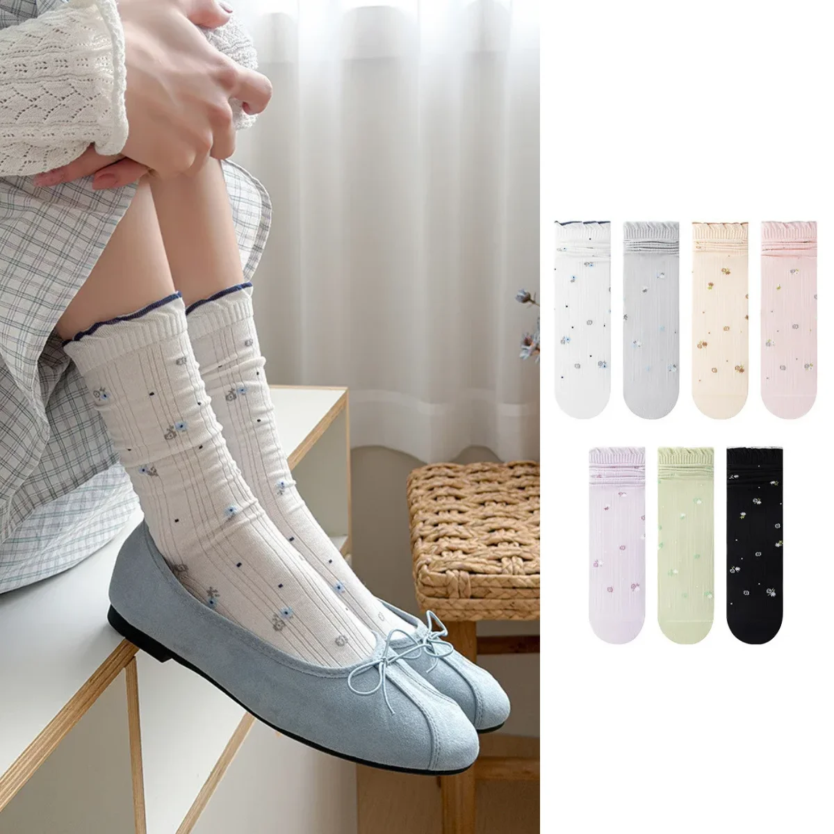 Floral Print Socks Women Spring and Summer Hollow Thin Breathable Medium Tube Socks Ballet Style Sweet Lolita Lace Frilly Socks