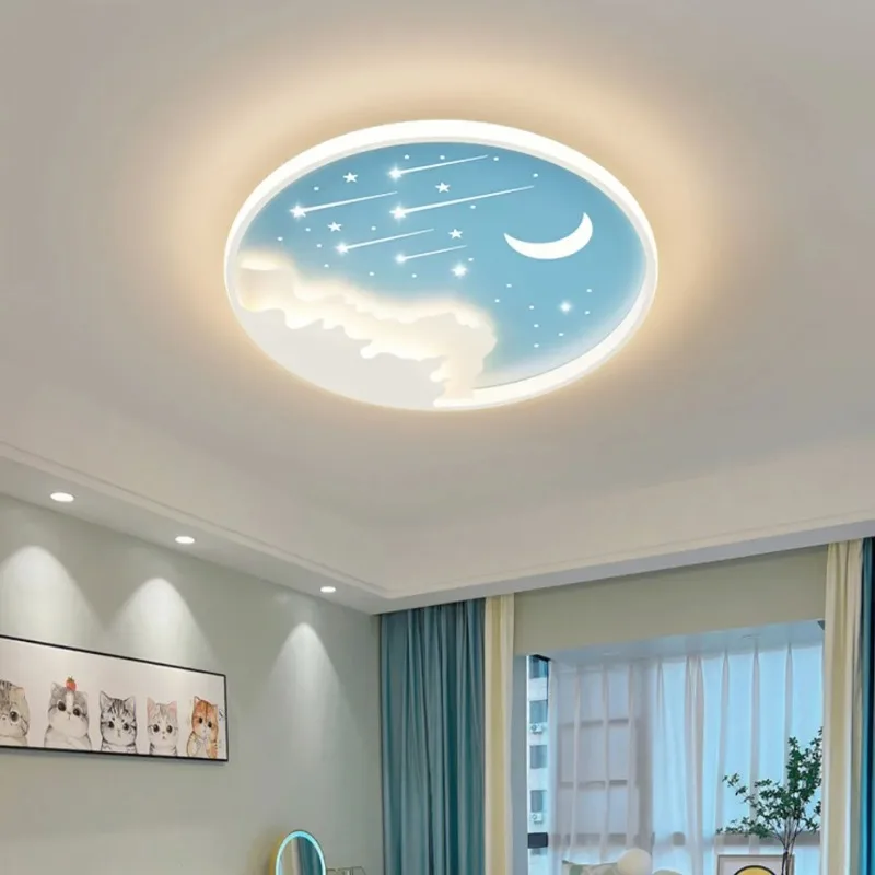 

Creative Cartoon Moon and Star LED Ceiling Light for Kids Bedroom Study Room Ironware and Acrylic Lampshade Modern Design