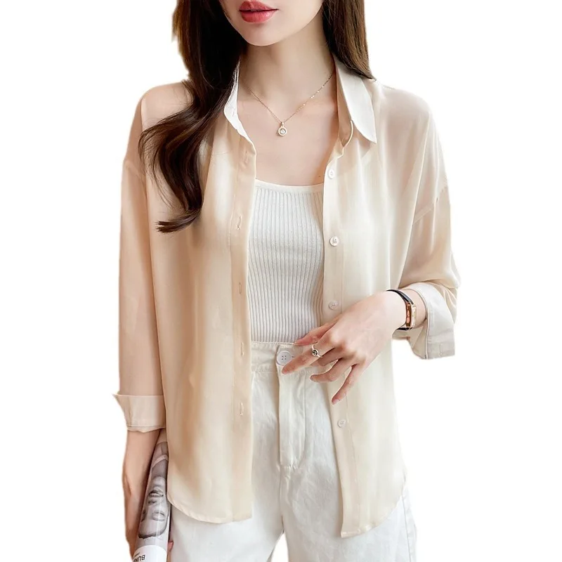 Women's Shirts Chiffon Turn-down Collar Long Sleeve Solid Color Blouse Thin Loose Casual Fashion Versatile 2024 Summer