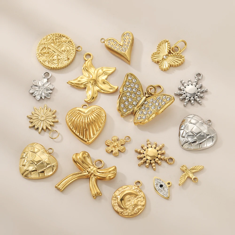 

CARLIDANA New Gold Plated Charm Stainless Steel DIY Jewelry Pendant Multicolor Zircon Heart Butterfly Sun Flower Bowknot