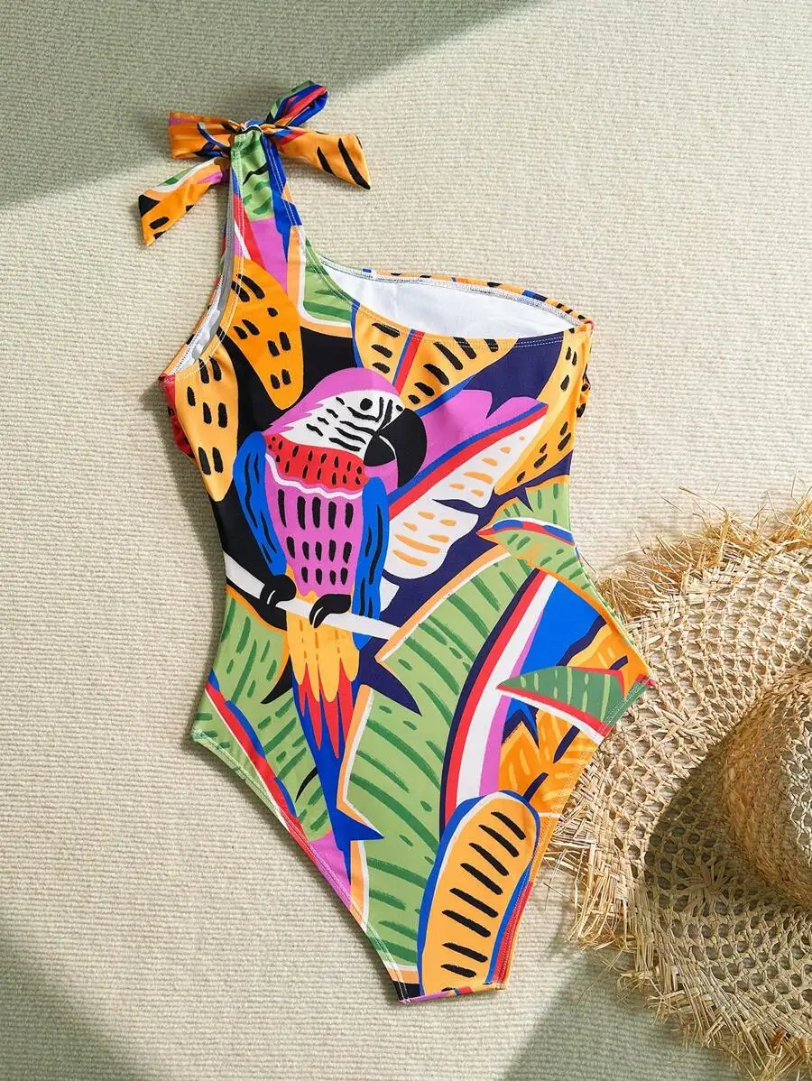 

Womens One Piece Swimsuit With Parrot Print Tie Strap Bow Backless Beach Bathing Suit