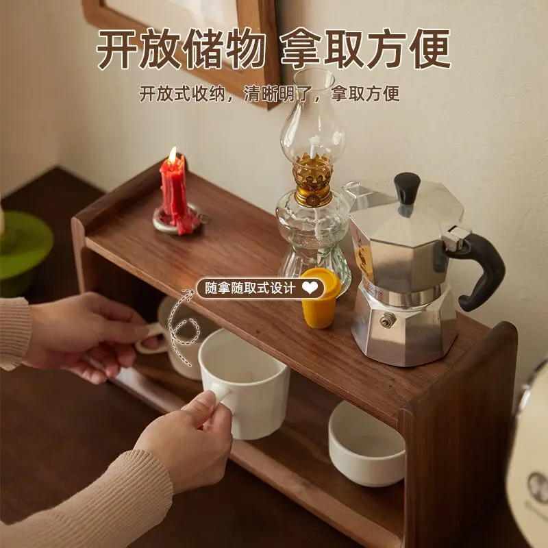 Solid wood desktop rack, tea set storage rack, household tea multi-layer rack