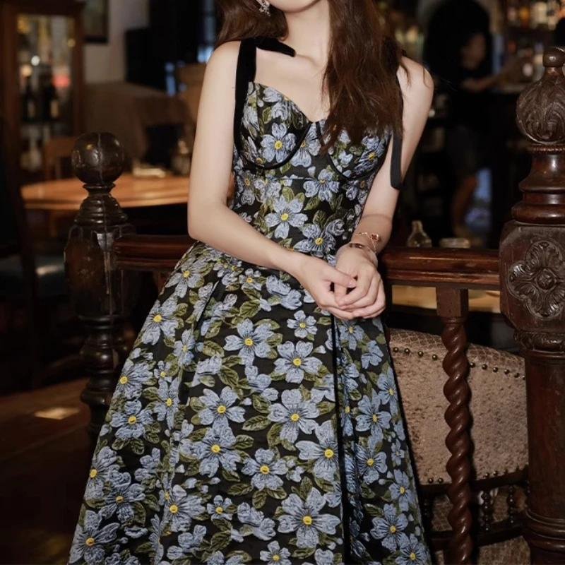 

Fashion French Spring Summer Outdoor Sling Sleeveless Prom Dress Fairty Flower Print Slim Fit Mid-length Vestidos Exquisite Robe