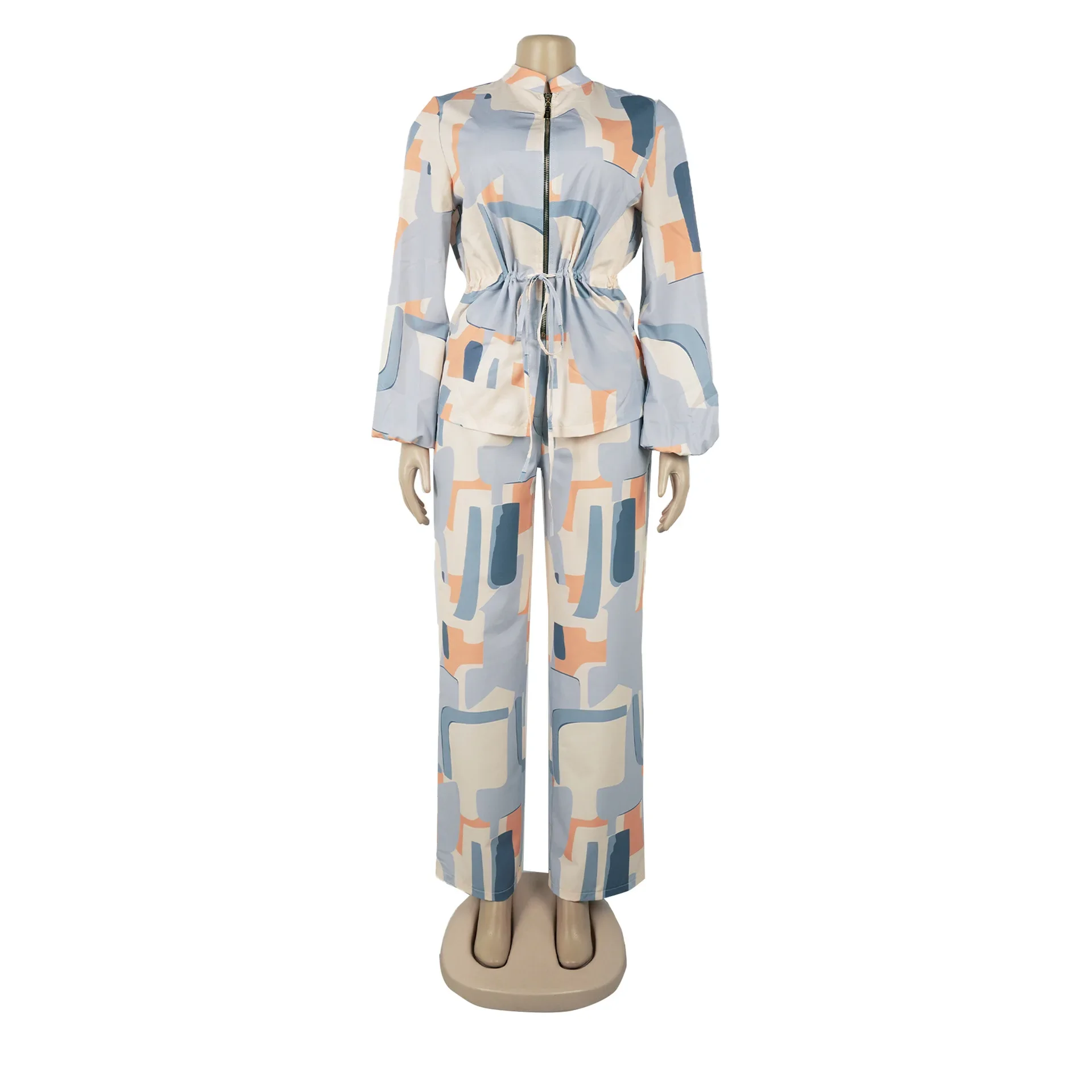 

2025 Europe America Elegant Commuter Stand-up Collar Printed Drawstring Waist Long Sleeve Two-piece Set