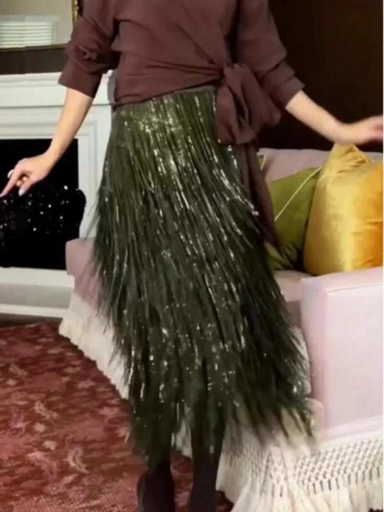 Women Green Sequin Tassel Midi Skirt High Waist Shiny Long Party Skirt Casual Evening Club Gown Christmas Dinner