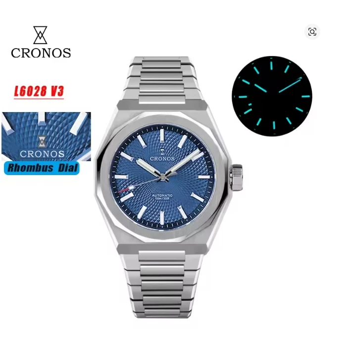 Cronos L6028 V3 Rhombus / Perlage Dial Limited 39mm PT5000/90S5 See-through Caseback Men Automatic Wristwatches 10ATM Lumious