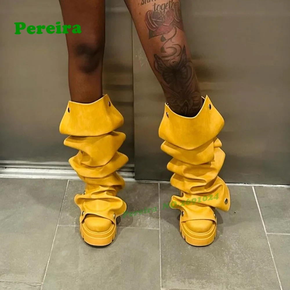 

Yellow Tank Soled Button Knee High Boots Round Toe Chunky Heels Height Increasing Women's Long Boots Winter Casual Shoes Luxury