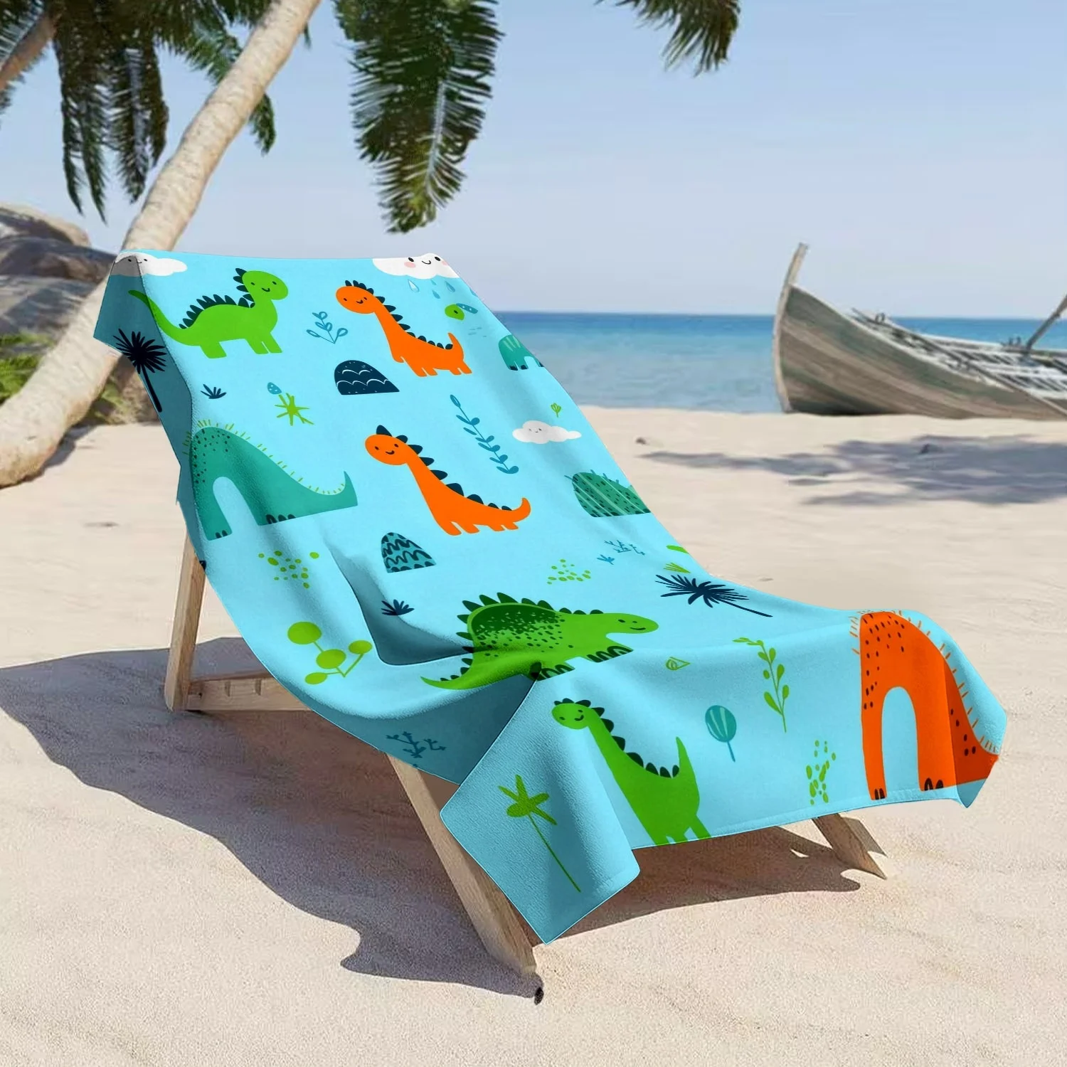 

1 шт., большое мягкое пляжное полотенце с мультяшными динозаврами и природными элементами, красочный принт, банное полотенце из микрофибры