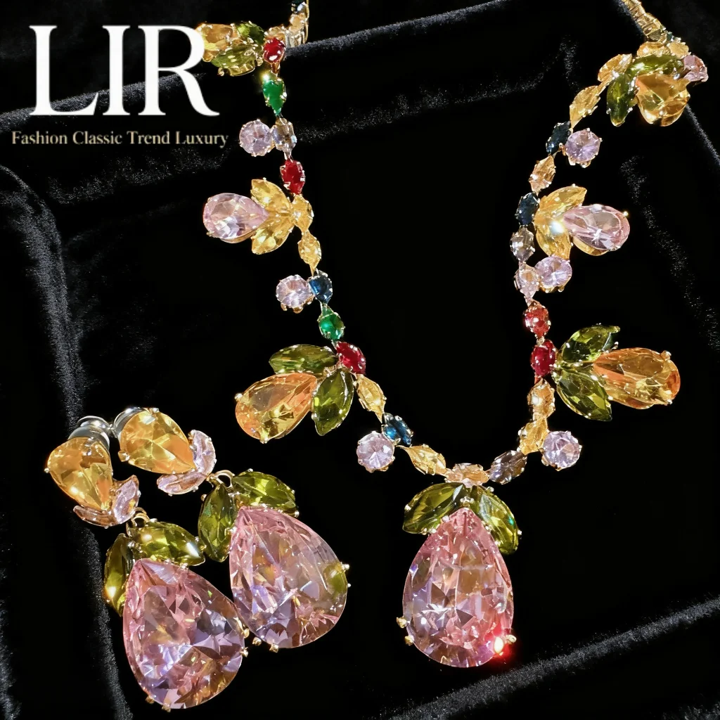 

Женский комплект ювелирных изделий на заказ LIR: ожерелье с радужным драгоценным камнем и лозой-русалкой, серьги Runaway Princess Barbie с розовым цирконом в форме капли