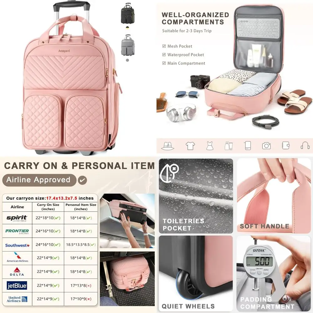 

Underseat Carry On Luggage with Wheels, Airline Approved Personal Item Bag, Multiple Compartment Travel Carry-On with Leather Ha