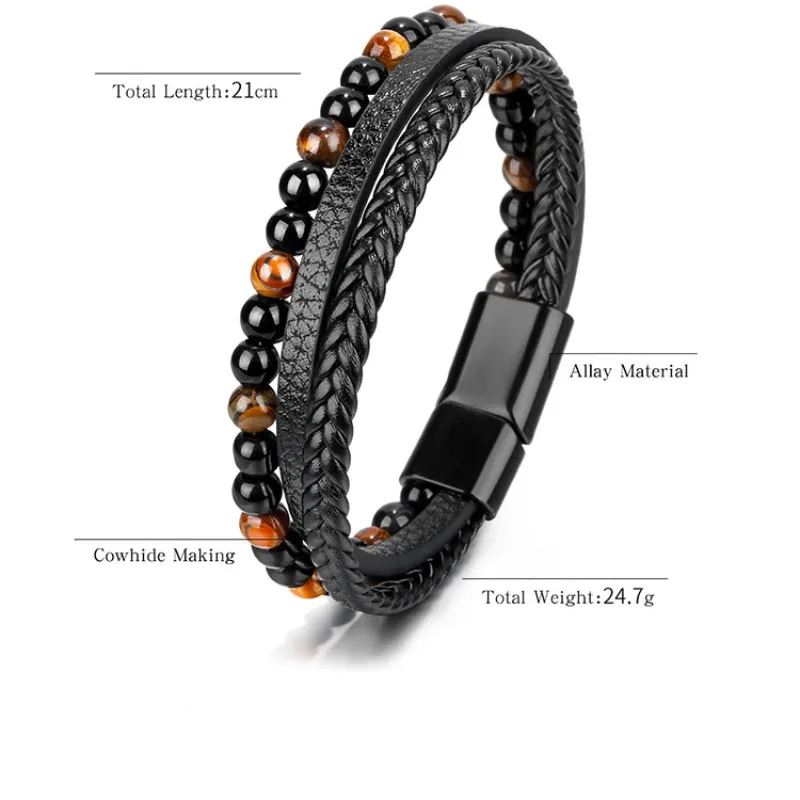 Simple Hand-woven Men's Bracelet Natural Tiger Eye Stone Leather Bangles Volcano Stone Beaded Male Bracelet